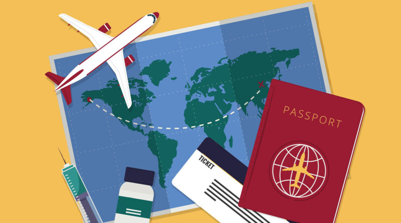 Impfungen für die Sommerreise: Zusehen ist eine Grafik mit einem Flugzeug, einer Weltkarte, einem Passport, ein Ticket und eine Spritze mit Impfstoff.